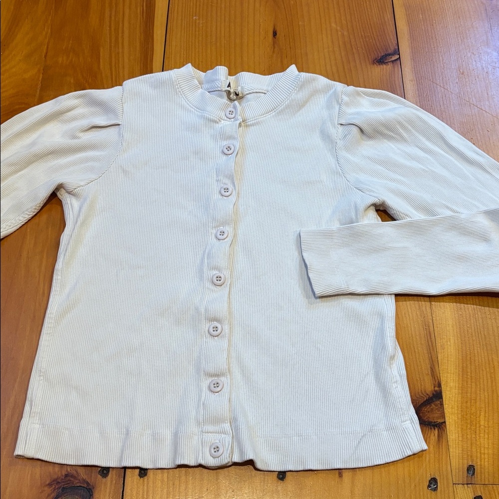 AMO L Off-White Puff Sleeve Cardigan Button Up Ribbed